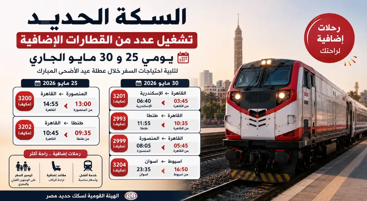 تشغيل 6 قطارات مكيفة إضافية مخصوص عيد الأضحى 2026.. السكة الحديد تعلن مواعيد القاهرة والإسكندرية والصعيد