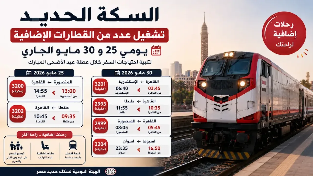 تشغيل 6 قطارات مكيفة إضافية مخصوص عيد الأضحى 2026.. السكة الحديد تعلن مواعيد القاهرة والإسكندرية والصعيد