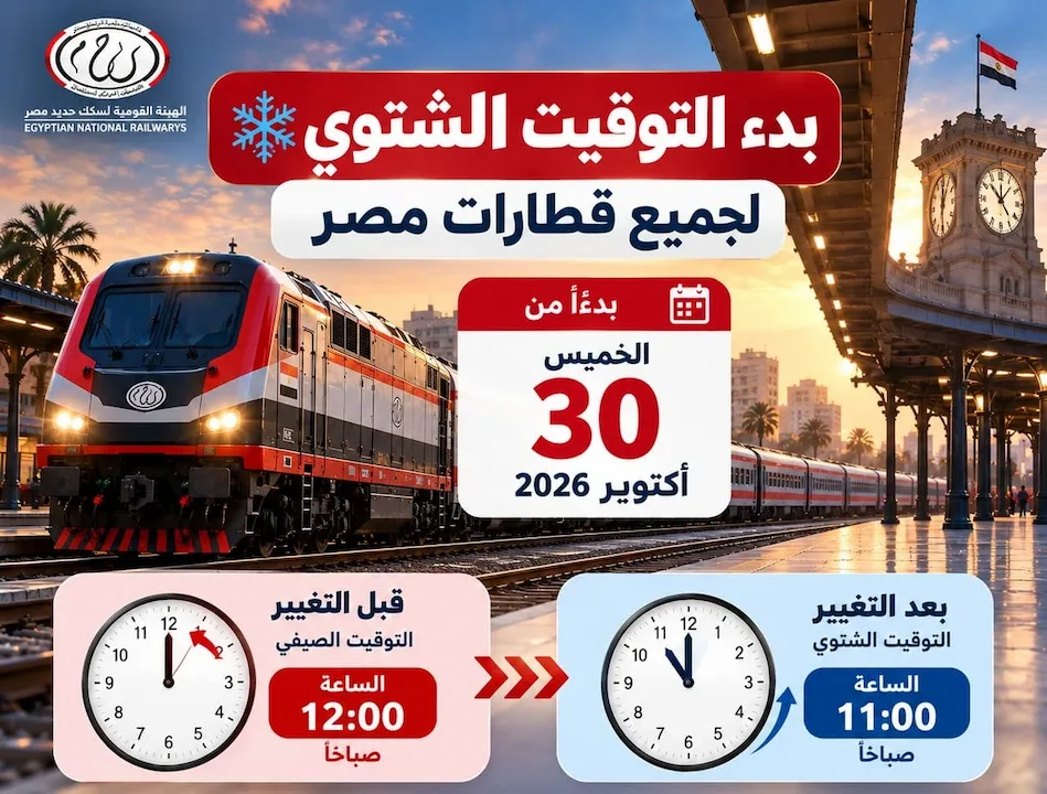 تعديل مواعيد قطارات السكة الحديد مع التوقيت الشتوي 2026